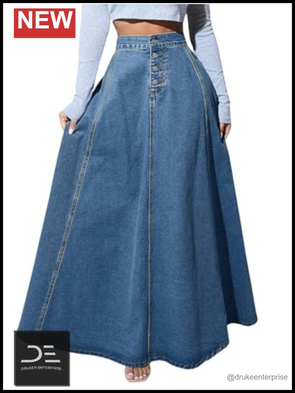 Retro High Waisted Button Fly Flared Long Maxi Denim Skirt Pleated A-Line
